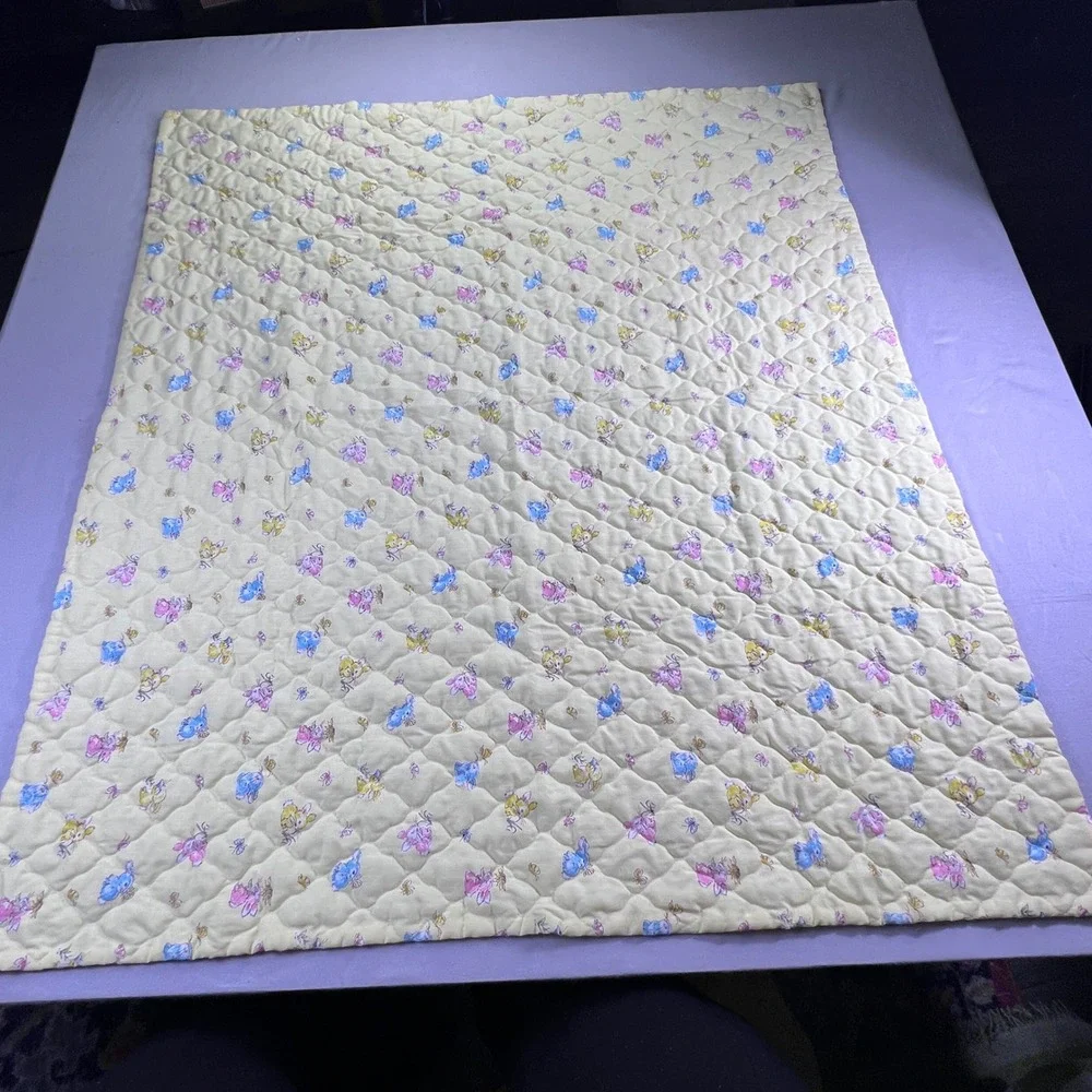 Vintage Bunny Butterfly Baby Quilt Blanket and Ruffled Pillow Sham Set Yellow